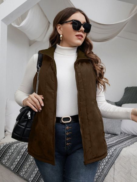 

plus solid zip up winter vest coat o7gg#, Black