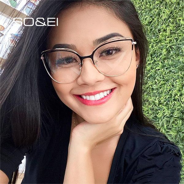 

fashion sunglasses frames so&ei cat eye women metal glasses frame luxury spring hinge clear anti blue-ray lens eyewear vintage men computer, Black