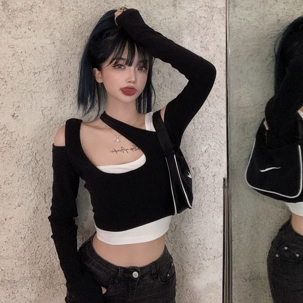 

new design for autumn 2020, fake two open shoulder slim fit long sleeve bottoms short t-shirt women's wear