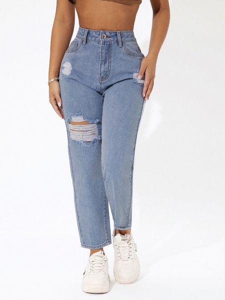

petite high waist ripped mom cropped jeans j5ya#, Blue