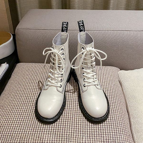 

2020 genuine leather women ankle white martens platform ladies british wind thick short combat boots motorcycle q1104, Black