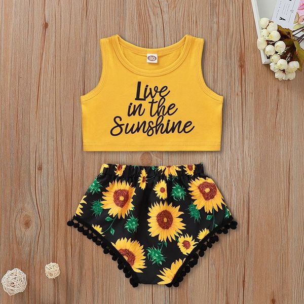 

sunflower baby clothes outfit live in the sunshine letters print crop and floral shorts girl 2 pcs set 12 18 months y200803, White
