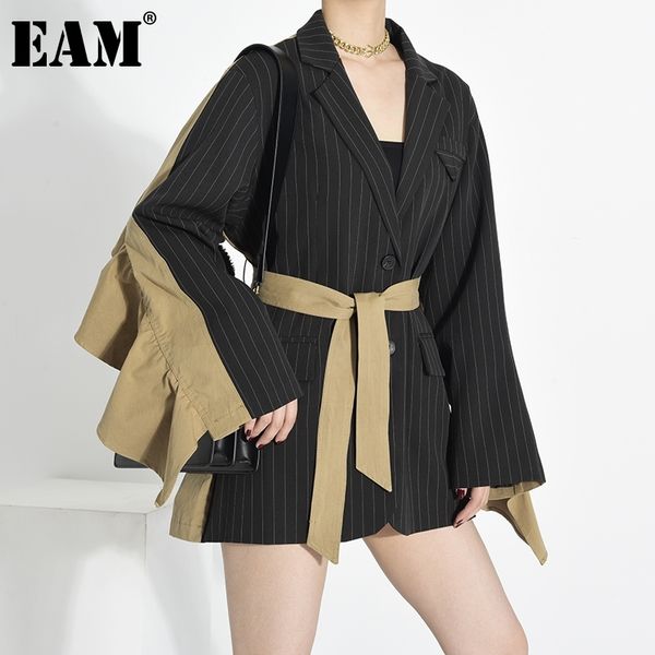 

[eam] women black ruffles split big size blazer new lapel long sleeve loose fit jacket fashion tide spring autumn 1y22501 201023, White;black
