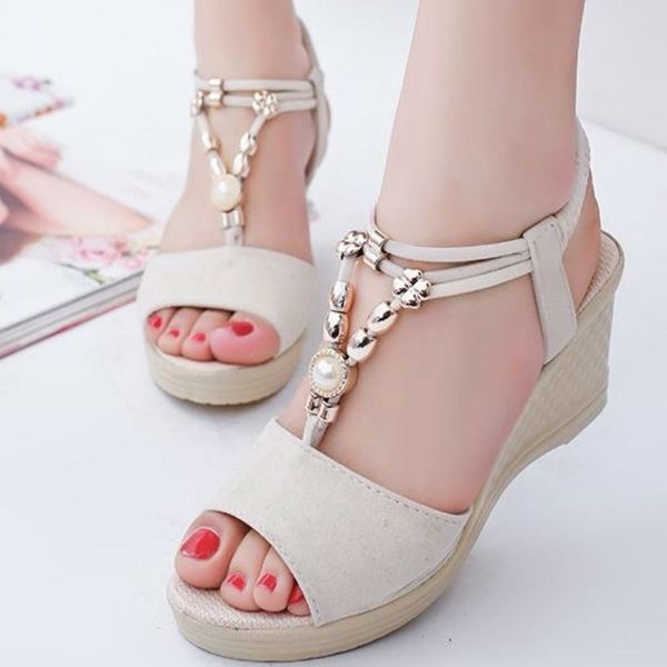 

summer women gladiator sandals wedges high heel platform laides shoes peep toe string beads casual female zapatos de mujer, Black