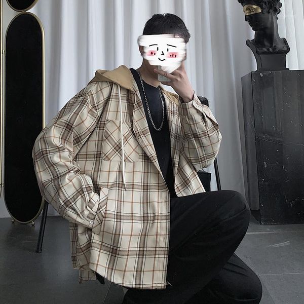 

men's casual shirts plaid shirt men's fashion retro hooded men wild loose long sleeve mens streetwear dress s-2xl1, White;black