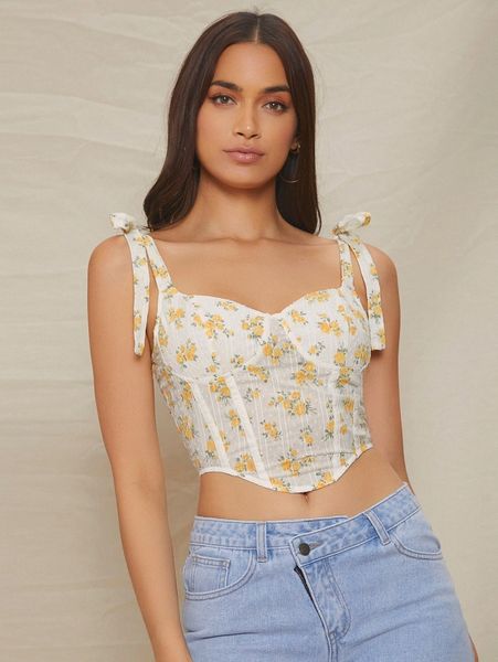 

ditsy floral knot shoulder bustier crop cami 56m0#, White