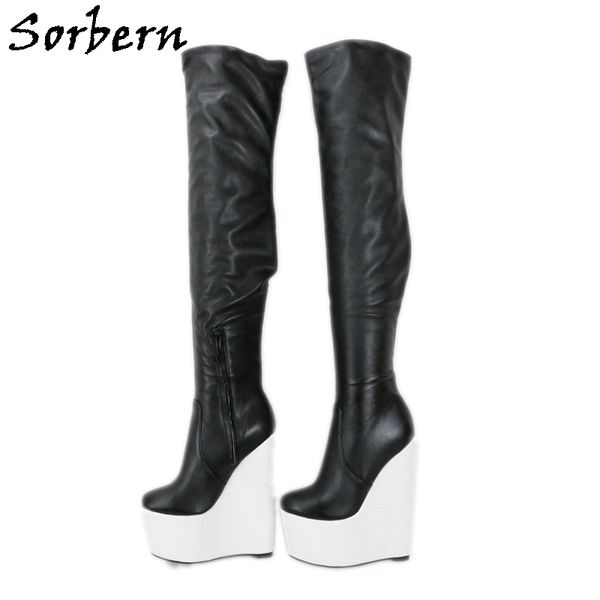 

sorbern black mid thigh high boots women 20cm heels white wedges long boot customized leg width
