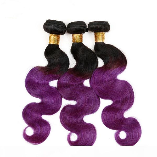 

#1b purple virgin peruvian ombre hair extensions two tone 3bundles body wave dark roots purple ombre human hair weaves ing, Black