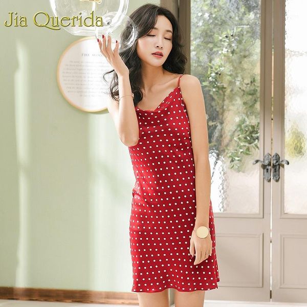 

j&q 2020 summer new female satin silk nightgowns soft skin friendly cami dress polka dot spaghetti strap night gowns women1, Black;red