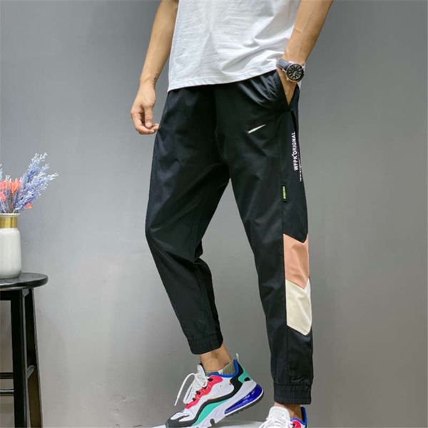 

spring and autumn new men's functional cargo pants fashion street style trend printed patchwork elastic waist sport casual pants size m, Black