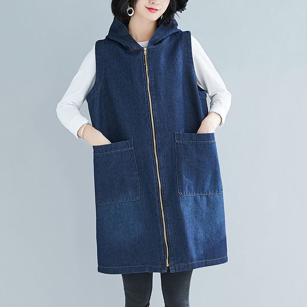 

2021 new oversize women denim hooded overcoat pocket long jeans vest coat spring autumn jacket female mck7, Black;white