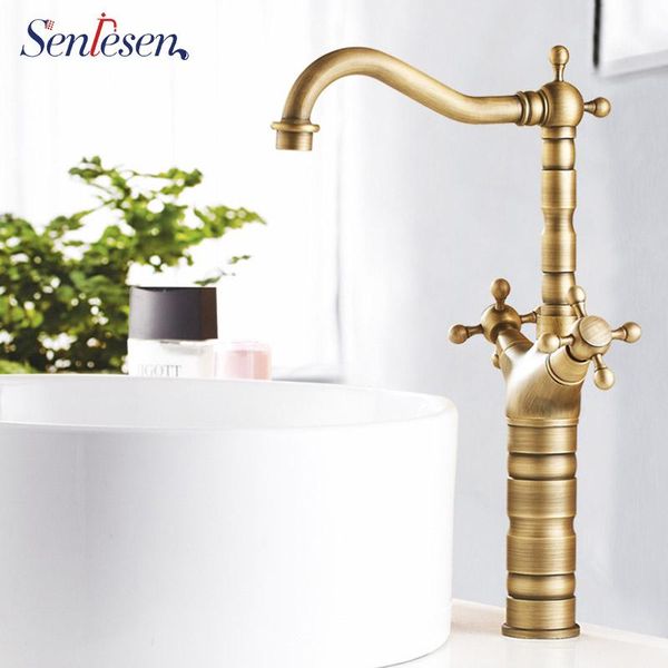 

antique brass bathoom kitchen faucet swivel spout dual cross handles lavatory sink mixer taps deck mounted and cold tap