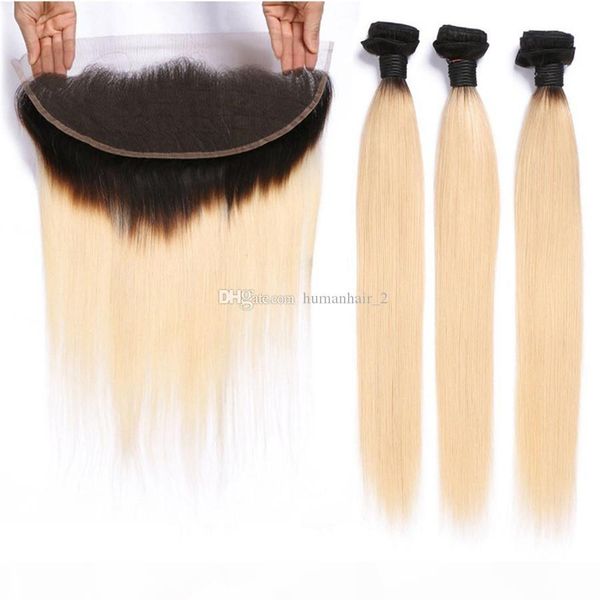 

two tone 1b 613 blonde hair with lace frontal closure ombre straight hair with lace frontal closure 4pcs lot ing, Black;brown