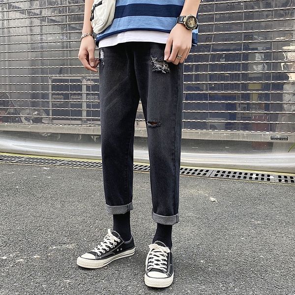 

jeans men's fashion brand hole ankle-length fashion youth jeans wide wide leg pantsloose straight beggar pants men's wide-leg pant, Blue