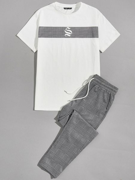 

men contrast panel graphic & houndstooth pants set 35gd#, Gray