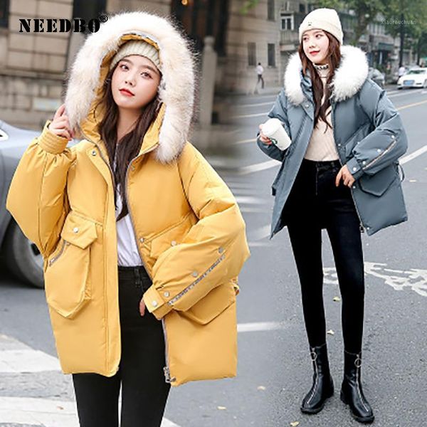 

needbo winter jacket women 2020 fur collar parka mujer puffer jacket women winter coat cotton padded warm casual casaco outwear1, Black