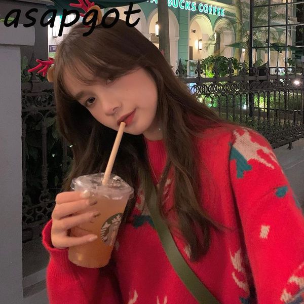 

women's sweaters korean chic 2021 winter loose o neck pullovers cartoon animal christmas red women knitwear vintage pull wild, White;black