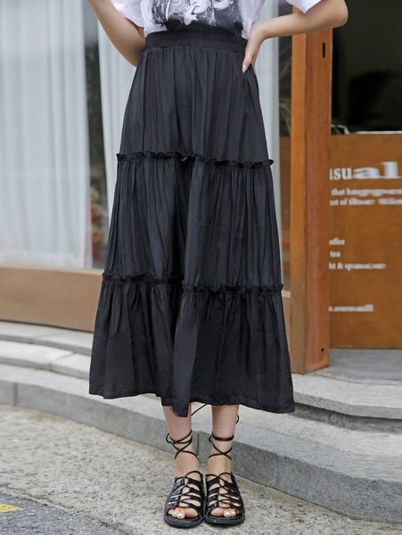 

dazy solid tiered frill trim skirt i00m#, Black