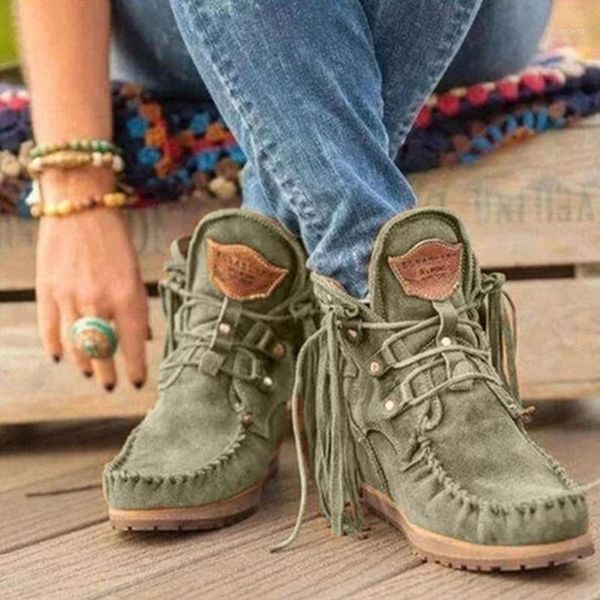 

new women ankle short boots tassels round toe buckle strap ethnic fringer tassel style warm non-slip boots shoe warm botas mujer1, Black
