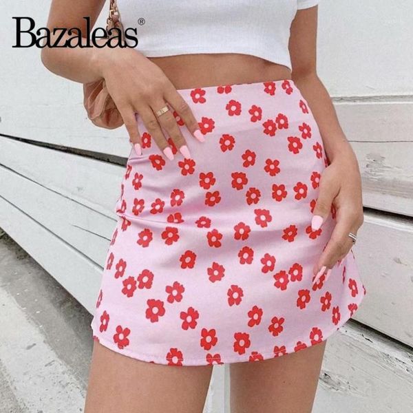 

bazaleas vintage girl pink floral print women skirt cute high waist a line skirt saia short dropshipping1, Black