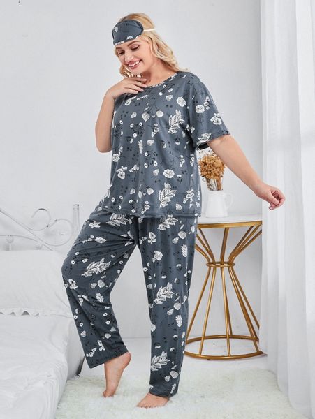

plus allover plants print pajama set with eyemask o5bb#, Black;white