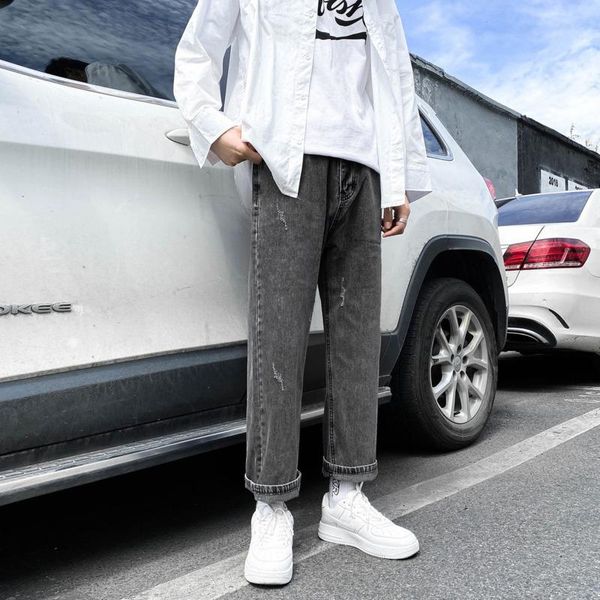 

autumn korean style straight jeans men's fashion solid color retro casual jeans men streetwear loose hip-hop denim trousers mens, Blue