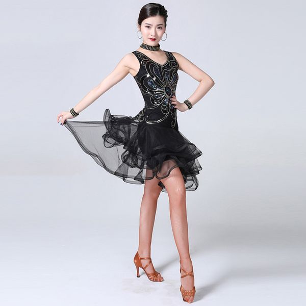 

sequin latin dance dress gauze dance skirt red black color dress women party performance clothes competititon dance dress 366, Black;red