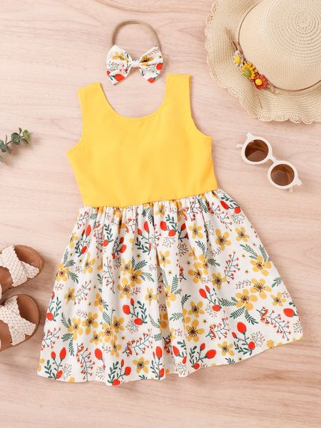 

toddler girls floral print dress with headband she, Red;yellow