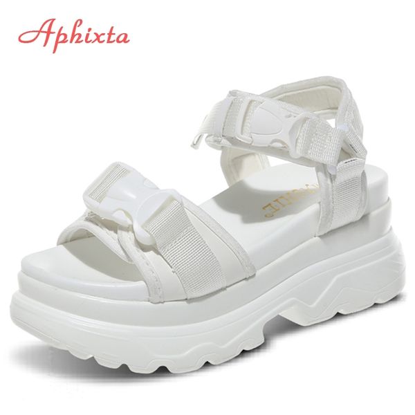 

aphixta 8cm platform sandals women shoes wedge high heels buckle canvas summer thick sole beach shoes chaussures femme y200405, Black