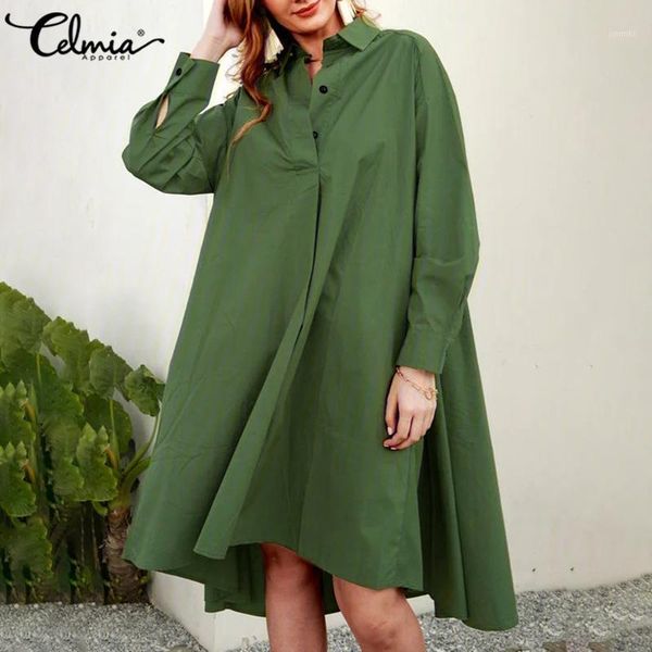 

celmia women fashion long shirt dress 2020 autumn casual midi dress buttons long sleeve loose solid party vestidos plus size 5xl1, Black;gray