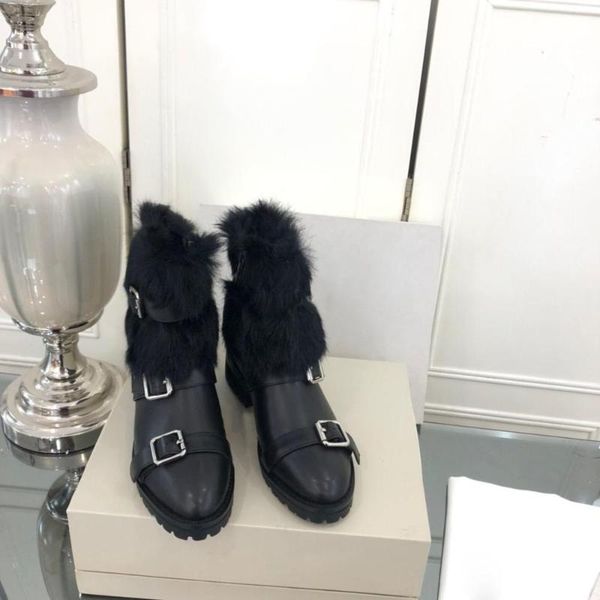 

новые ботинки женщин остроконечные toe boots женщины узелок лодыжки квадратный каблук из натуральной кожи пряжки ремень обуви мех обувь, Black