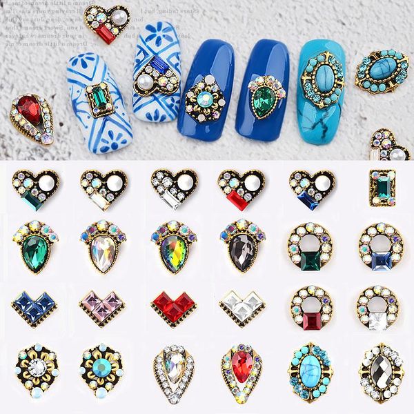 

nail art decorations 24 designs 10pcs retro metal alloy rhinestone 3d tips diy jewelry decoration diamond crystal nails accessoires, Silver;gold