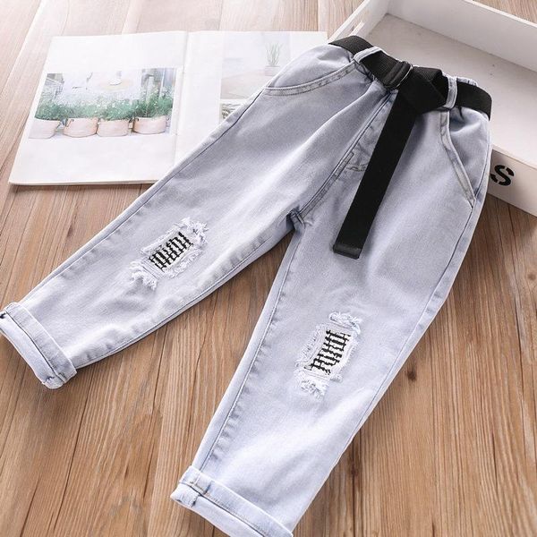 

2020 spring knee letter hole belt jeans boys girls pants wholesale, Blue