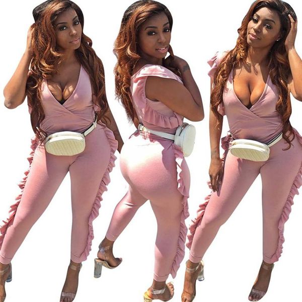 

sexy ruffles rompers womens jumpsuit мода глубокий v-выирный выревной без рукавов один кусок комбинезон тощий тонкий клуб партия спецодежда, Black;white