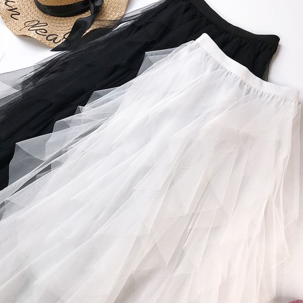 

2021 new summer boho white long high waist ruffles women beach skirts pink jupe femme tulle skirt saia midi vhf0, Black