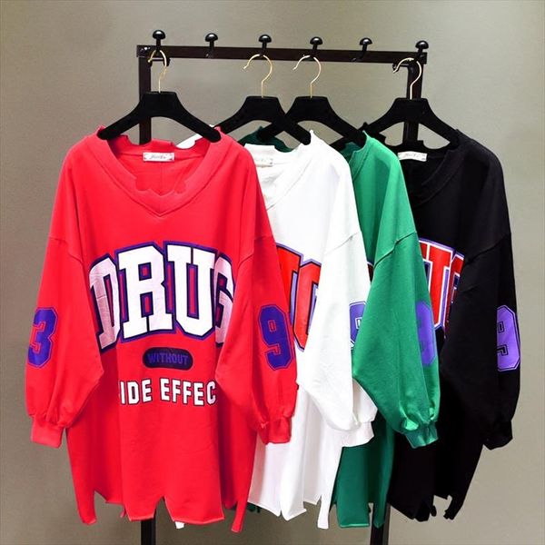 

new spring fashion loose women pullovers medium long v neck female sweatshirts medium long students hoodies letter, Black