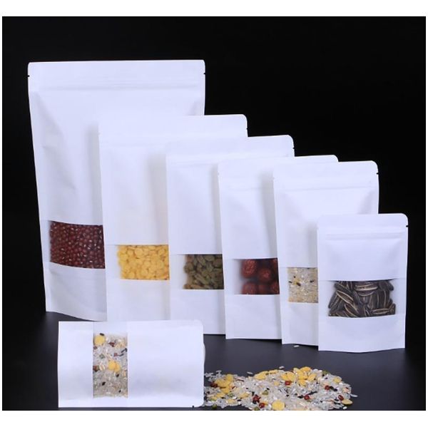 

white kraft paper mylar self-styled doypack bags with clear window food tea snack package storage bag stand up packagin jllnqk mxyard
