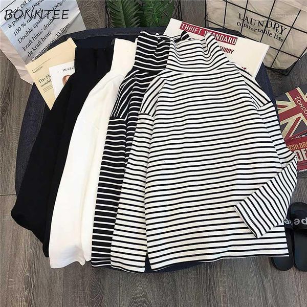 

long sleeve t-shirts women elegant loose striped turtleneck womens all-match simple leisure korean style trendy chic1, White