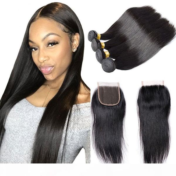 

straight remy human hair bundles with closure natural black 7a unprocessed hair extensions good quality double drawn human hair bundle