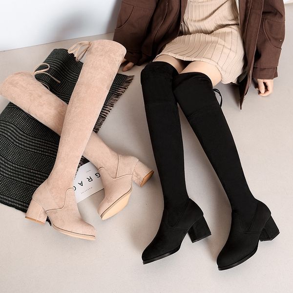 

women over the knee boots lace up black high heels shoes woman high boot wedge winter comfortable fashion botin mujer t200425