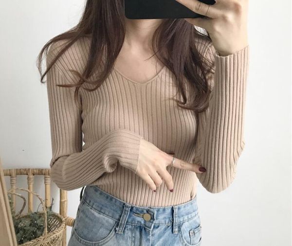 

yugou sweaters women autumn winter v-neck slim pullover sweater tight fitting versatile long sleeved knit bottoming1, White;black