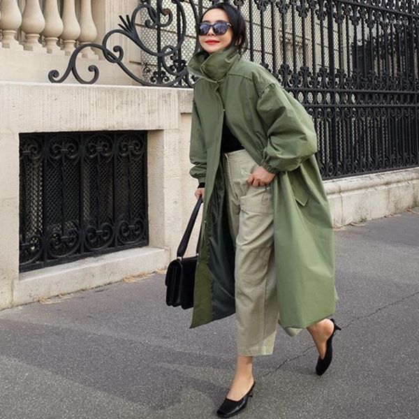 

johnature 2020 autumn korean casual loose solid color long trench women new turn-down collar zippers all match female coats1, Tan;black