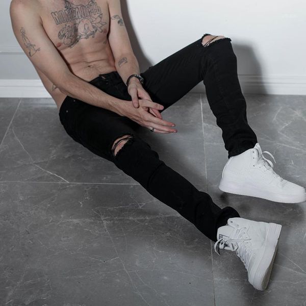 

men vintage streetwear hip hop ripped biker jeans destroyed men motorcycle joggers black skinny denim pants fashion jeans1, Blue