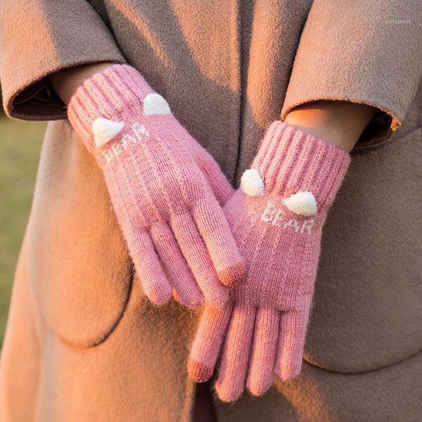 

five fingers gloves winter women cartoon cute lovely keep warm touch screen plus velvet inside wool knitted thicken fashion soft jacquard1, Blue;gray