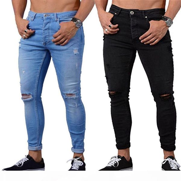 

new fashion casual mens skinny stretch denim pants distressed ripped freyed slim fit jeans trousers for male drop shipping hot, Blue