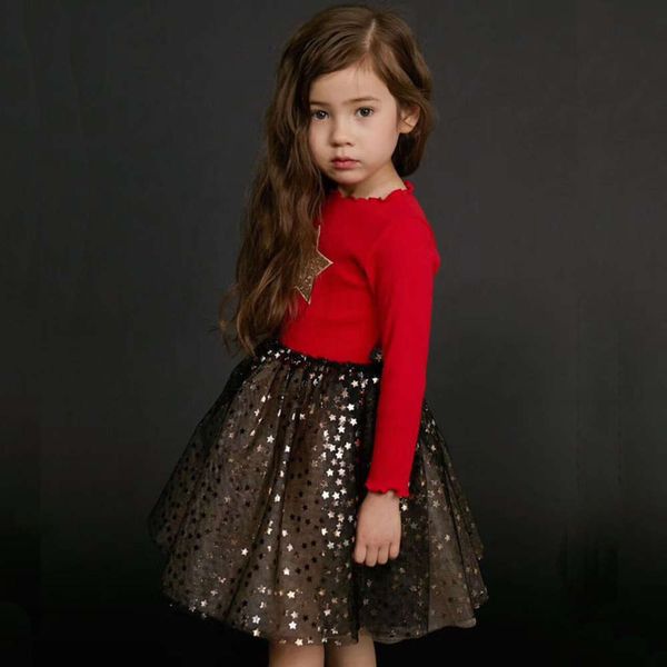 

girl's autumn winter new day princs year's star yarn gift children's drs with veet wijc, Red;yellow