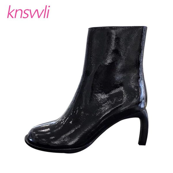 

curve high heels ankle boots for women runway pointed toe designer shoes woman genuine leather short boots women, Black