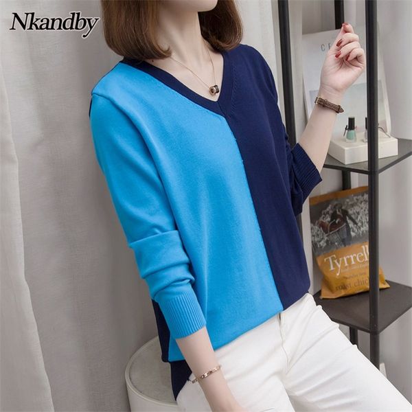 

plus size v-neck knitted sweaters women autumn winter trendy patchwork korean ladies pullovers jumpers oversized knit 201223, White;black