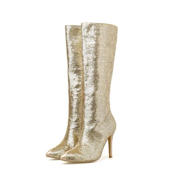 

lanlojer new bling bling womens thigh high knee-high long boots gold pointed toe high thin heels pumps ladies boots, Black