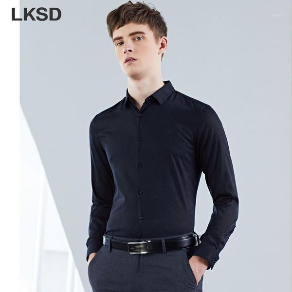 

lksd autumn business solid full sleeve men's jacquard shirt caual lapel single-breasted fashion men shirt f010300261, White;black